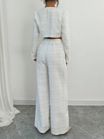 Women Versatile Commuter Round Neck Fashionable Golden Line Checked Fabric Button Decorated Short Cropped Long Sleeve Jacket & Straight Leg Pants White Suit Set
