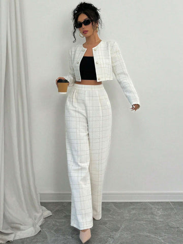 Women Versatile Commuter Round Neck Fashionable Golden Line Checked Fabric Button Decorated Short Cropped Long Sleeve Jacket & Straight Leg Pants White Suit Set