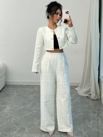 Women Versatile Commuter Round Neck Fashionable Golden Line Checked Fabric Button Decorated Short Cropped Long Sleeve Jacket & Straight Leg Pants White Suit Set