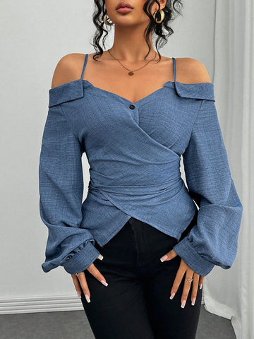 Privé Women's 2024 V-Neck Open Shoulder Tie Waist Asymmetric Long Sleeve Blouse