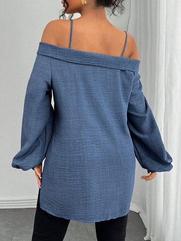 Privé Women's 2024 V-Neck Open Shoulder Tie Waist Asymmetric Long Sleeve Blouse