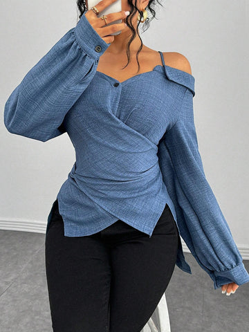 Privé Women's 2024 V-Neck Open Shoulder Tie Waist Asymmetric Long Sleeve Blouse