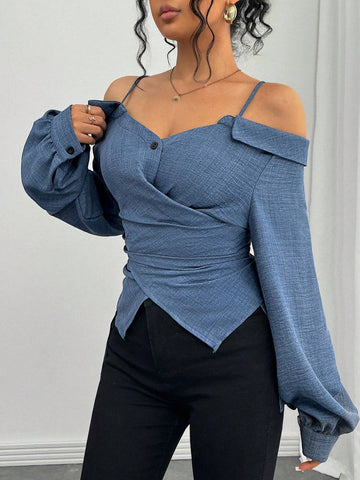 Privé Women's 2024 V-Neck Open Shoulder Tie Waist Asymmetric Long Sleeve Blouse