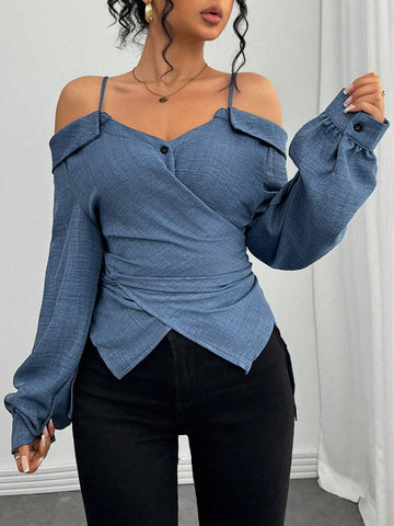 Privé Women's 2024 V-Neck Open Shoulder Tie Waist Asymmetric Long Sleeve Blouse