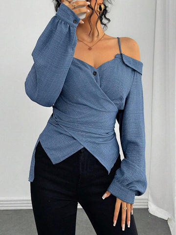 Privé Women's 2024 V-Neck Open Shoulder Tie Waist Asymmetric Long Sleeve Blouse