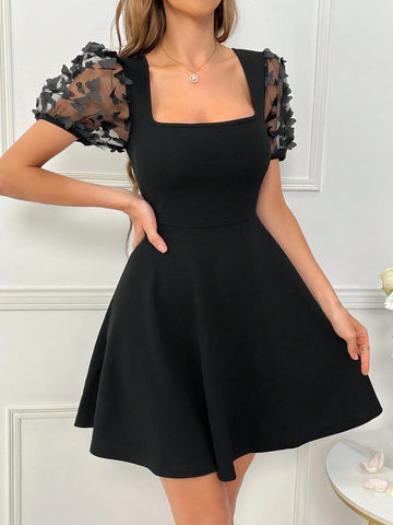 Women's 3d Butterfly Mesh A-Line Dress With Puff Sleeves And Square Neckline