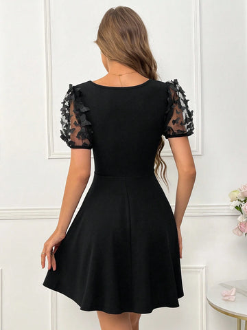 Women's 3d Butterfly Mesh A-Line Dress With Puff Sleeves And Square Neckline