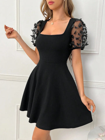 Women's 3d Butterfly Mesh A-Line Dress With Puff Sleeves And Square Neckline