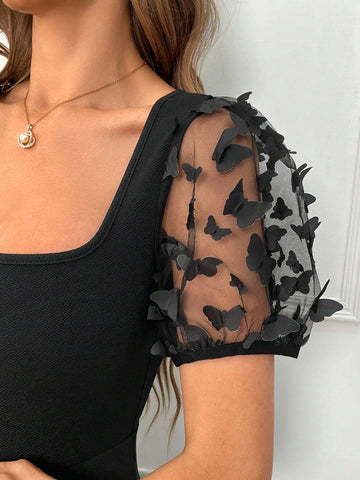 Women's 3d Butterfly Mesh A-Line Dress With Puff Sleeves And Square Neckline