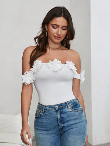 Women's 3d Floral Off Shoulder Bodysuit