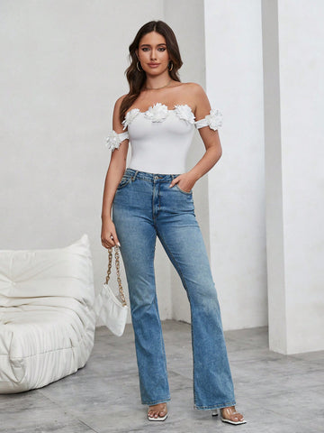 Women's 3d Floral Off Shoulder Bodysuit
