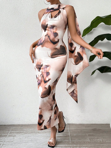 Women's Abstract Printed Strappy Backless Dress With Dangling Tassel