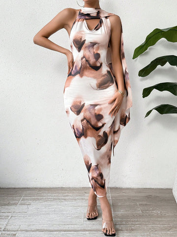 Women's Abstract Printed Strappy Backless Dress With Dangling Tassel