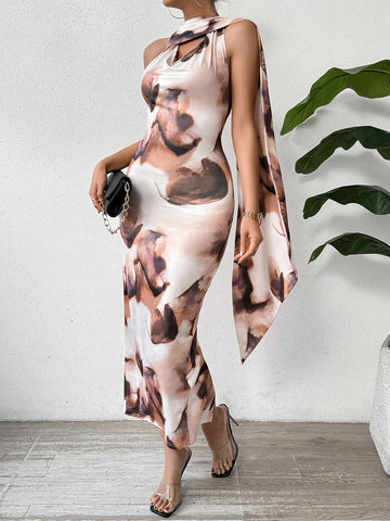Women's Abstract Printed Strappy Backless Dress With Dangling Tassel