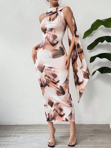 Women's Abstract Printed Strappy Backless Dress With Dangling Tassel