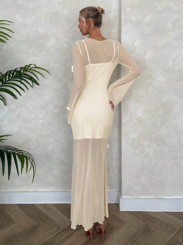 Women's Apricot Floral V-Neck Long Sleeve Dress