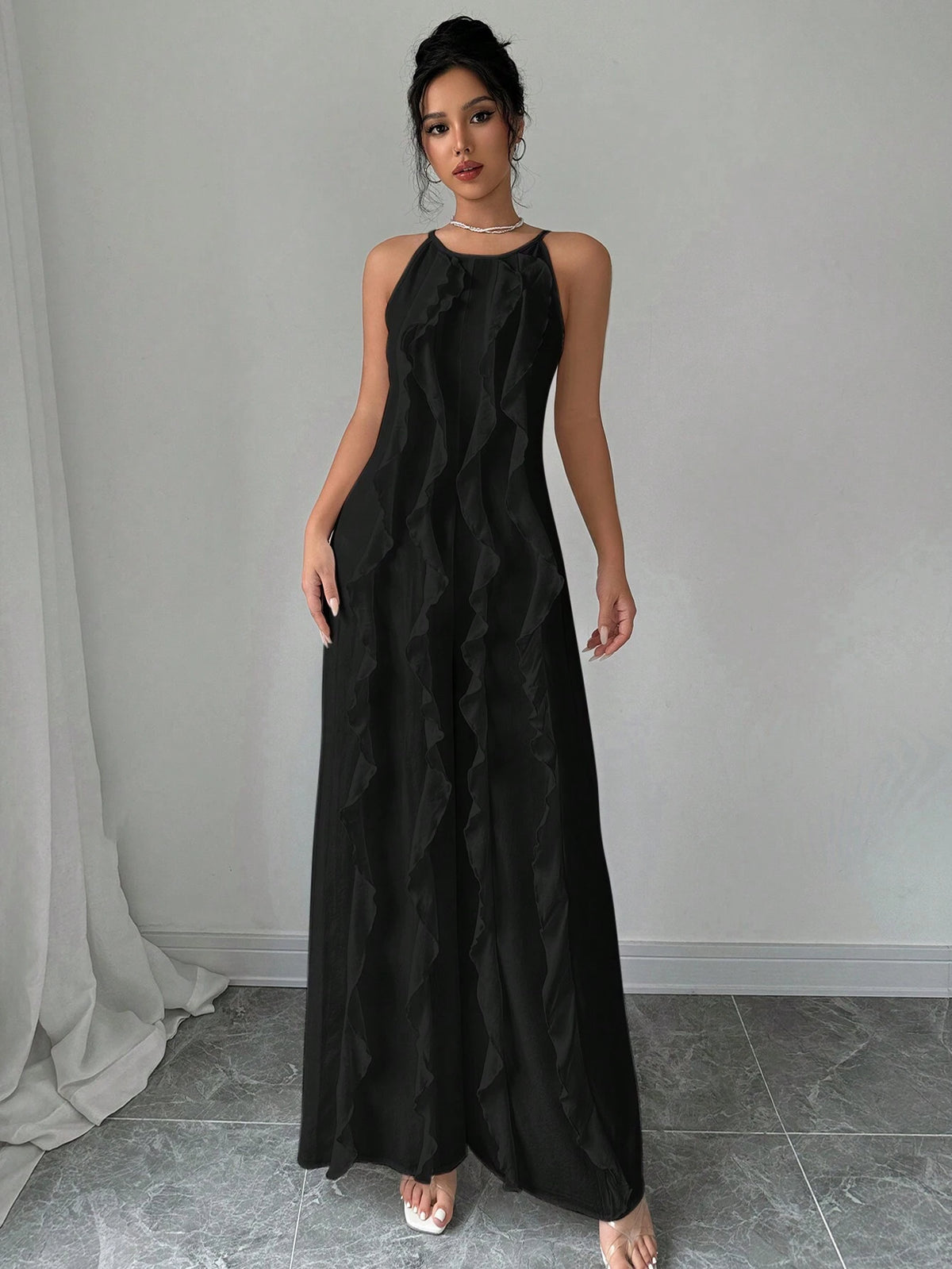 Women's Romantic Commuter Elegance White Tank Top Ruffle Long Jumpsuit Outfit,Elegant Evening Dress,Suitable For Daily, Party, Homecoming Season, Wedding Season, Performance Costumes