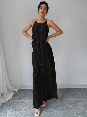 Women's Romantic Commuter Elegance White Tank Top Ruffle Long Jumpsuit Outfit,Elegant Evening Dress,Suitable For Daily, Party, Homecoming Season, Wedding Season, Performance Costumes