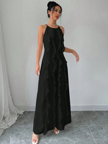 Women's Romantic Commuter Elegance White Tank Top Ruffle Long Jumpsuit Outfit,Elegant Evening Dress,Suitable For Daily, Party, Homecoming Season, Wedding Season, Performance Costumes