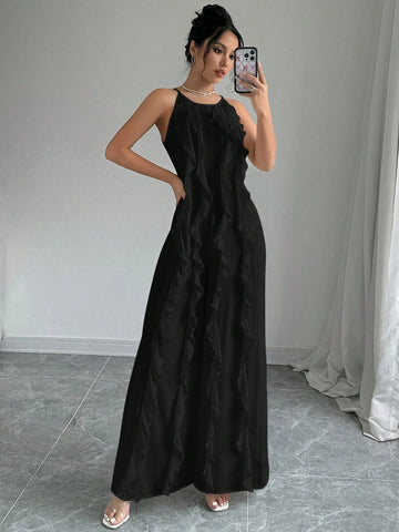 Women's Romantic Commuter Elegance White Tank Top Ruffle Long Jumpsuit Outfit,Elegant Evening Dress,Suitable For Daily, Party, Homecoming Season, Wedding Season, Performance Costumes