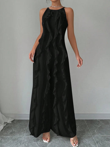 Women's Romantic Commuter Elegance White Tank Top Ruffle Long Jumpsuit Outfit,Elegant Evening Dress,Suitable For Daily, Party, Homecoming Season, Wedding Season, Performance Costumes