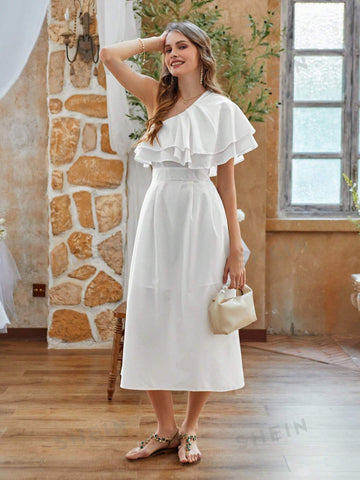 Women's Asymmetric One Shoulder Ruffle Hem Dress