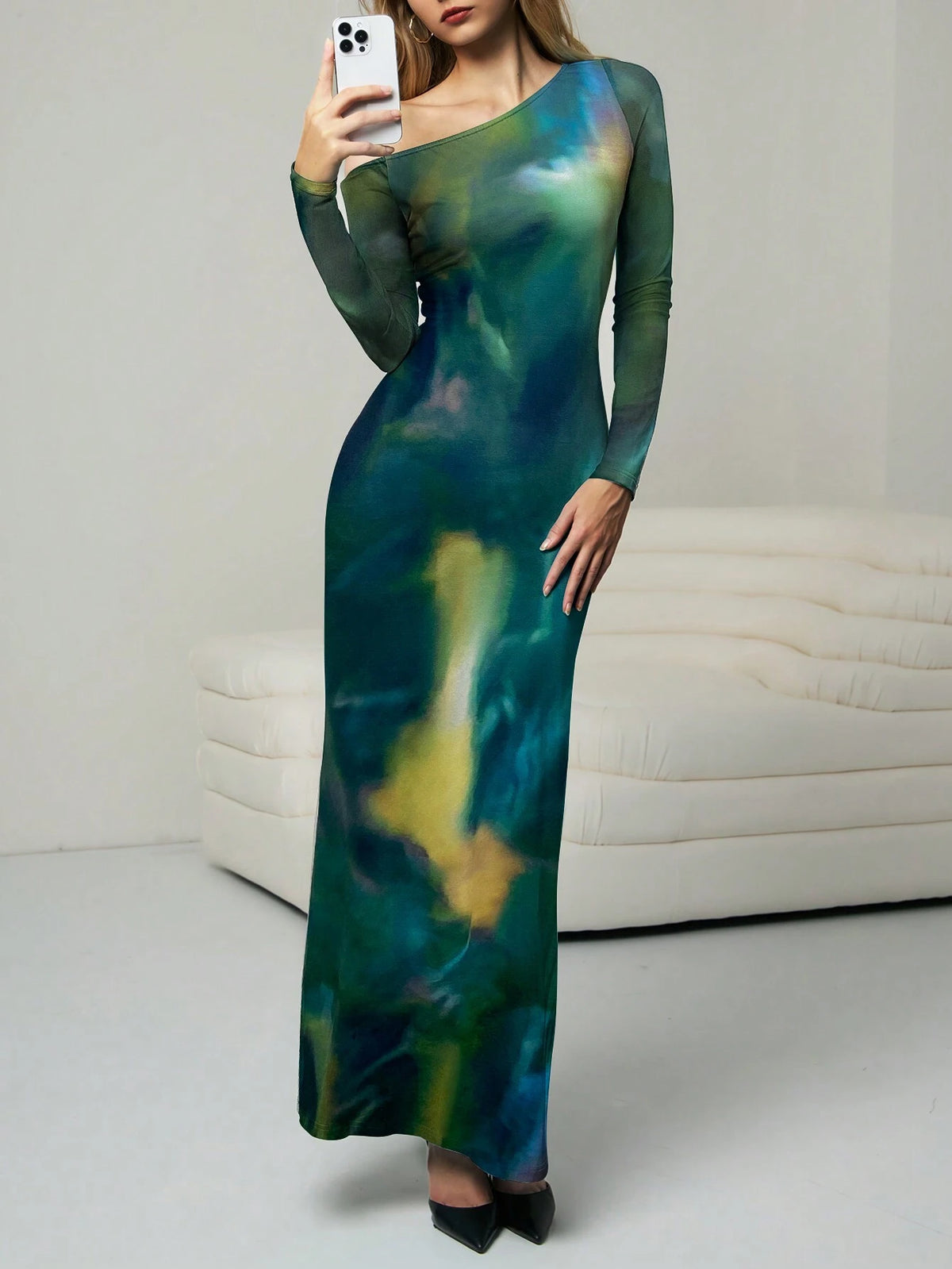Women's Asymmetric Shoulder Long Sleeve Tie-Dye Fitted Dress With Mesh Cuffs