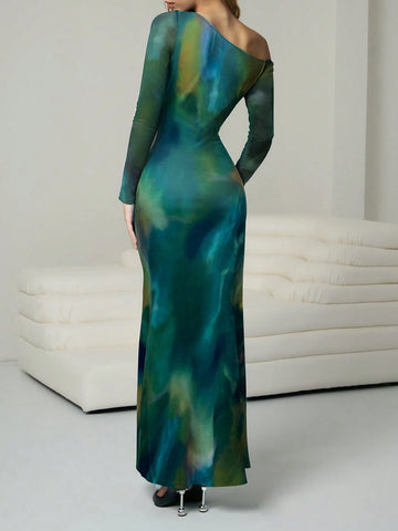 Women's Asymmetric Shoulder Long Sleeve Tie-Dye Fitted Dress With Mesh Cuffs