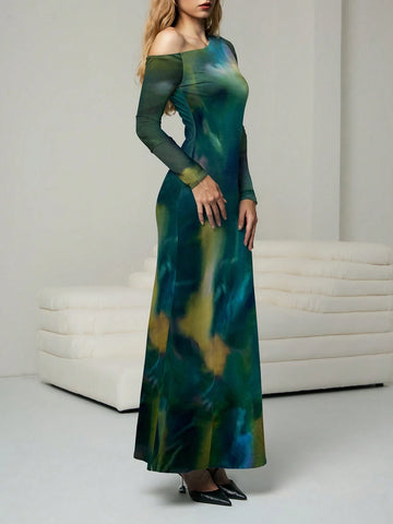 Women's Asymmetric Shoulder Long Sleeve Tie-Dye Fitted Dress With Mesh Cuffs