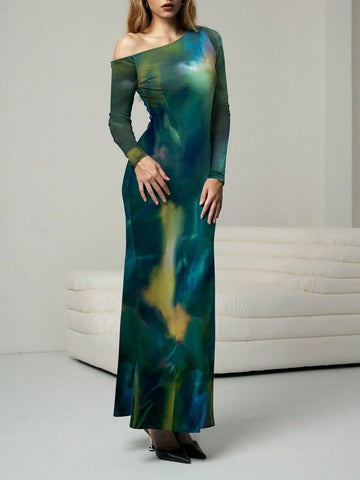 Women's Asymmetric Shoulder Long Sleeve Tie-Dye Fitted Dress With Mesh Cuffs