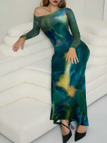 Women's Asymmetric Shoulder Long Sleeve Tie-Dye Fitted Dress With Mesh Cuffs