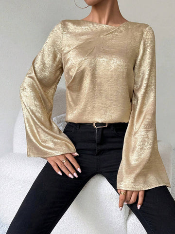 Privé Women's Asymmetrical Collar Flare Sleeve Loose Fashion Blouse, Autumn