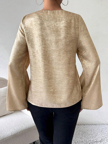 Privé Women's Asymmetrical Collar Flare Sleeve Loose Fashion Blouse, Autumn