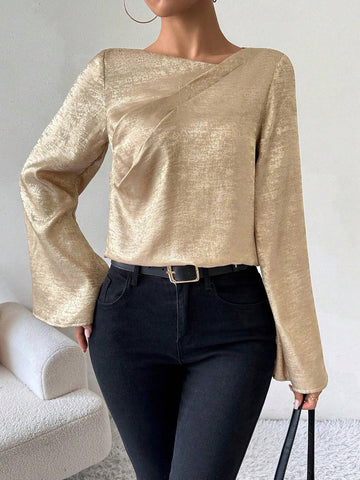 Privé Women's Asymmetrical Collar Flare Sleeve Loose Fashion Blouse, Autumn