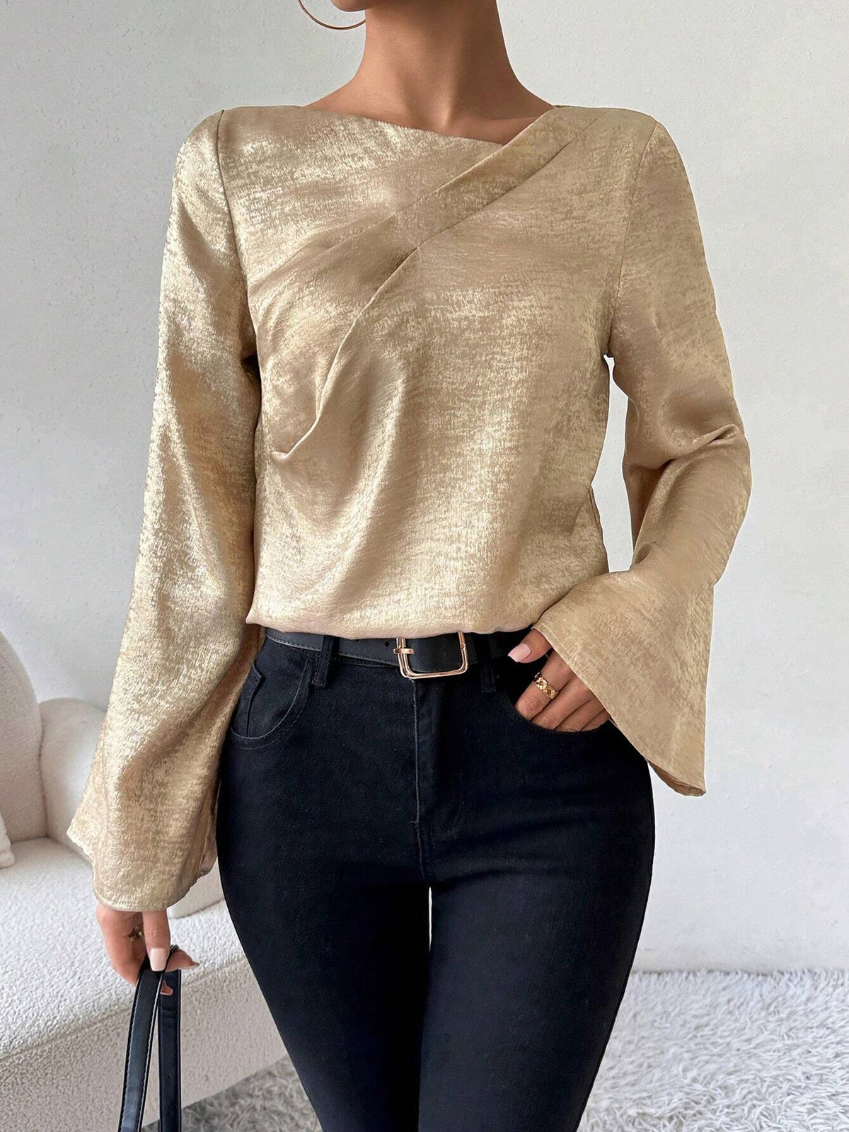 Privé Women's Asymmetrical Collar Flare Sleeve Loose Fashion Blouse, Autumn