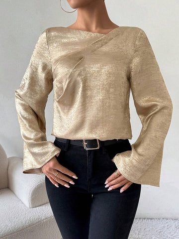 Privé Women's Asymmetrical Collar Flare Sleeve Loose Fashion Blouse, Autumn