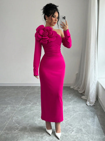 Women's Asymmetrical Collar Patchwork Pleated Waist Cinched Waist Slim Long Sleeve Elegant Dress