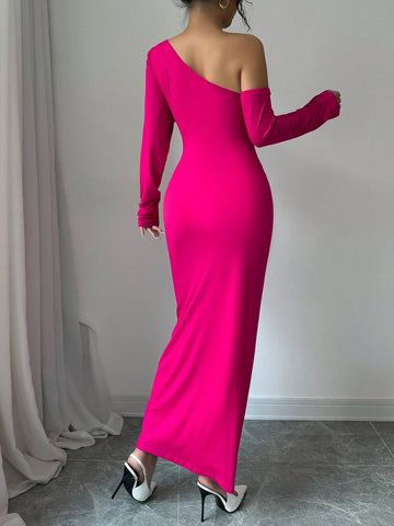 Women's Asymmetrical Collar Patchwork Pleated Waist Cinched Waist Slim Long Sleeve Elegant Dress