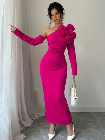Women's Asymmetrical Collar Patchwork Pleated Waist Cinched Waist Slim Long Sleeve Elegant Dress