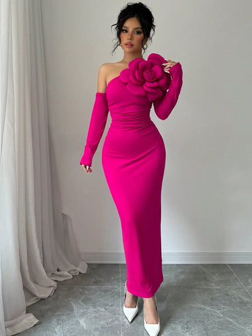 Women's Asymmetrical Collar Patchwork Pleated Waist Cinched Waist Slim Long Sleeve Elegant Dress