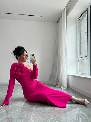 Women's Asymmetrical Collar Patchwork Pleated Waist Cinched Waist Slim Long Sleeve Elegant Dress