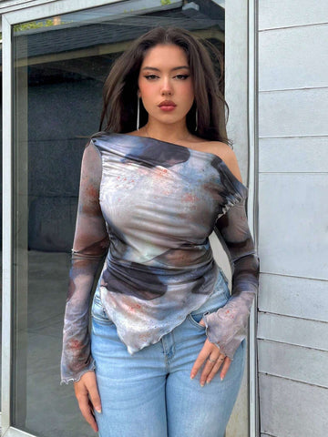 Women's Asymmetrical Hem Ombre Print Long Sleeve T-Shirt, Spring/Summer/Autumn