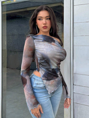 Women's Asymmetrical Hem Ombre Print Long Sleeve T-Shirt, Spring/Summer/Autumn