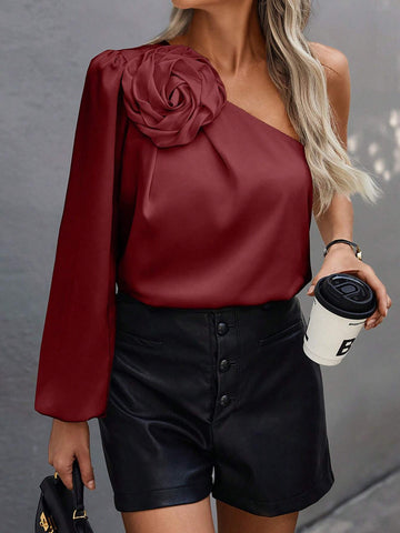 Women's Asymmetrical Neckline Open Shoulder Elegant 3D Floral Decoration Shirt