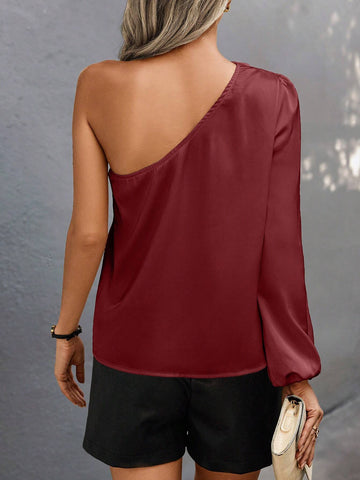 Women's Asymmetrical Neckline Open Shoulder Elegant 3D Floral Decoration Shirt