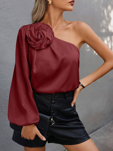 Women's Asymmetrical Neckline Open Shoulder Elegant 3D Floral Decoration Shirt