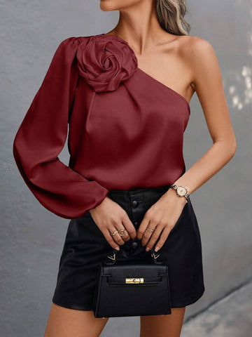 Women's Asymmetrical Neckline Open Shoulder Elegant 3D Floral Decoration Shirt
