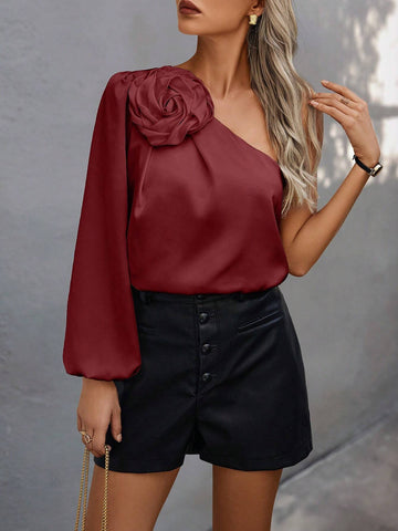 Women's Asymmetrical Neckline Open Shoulder Elegant 3D Floral Decoration Shirt