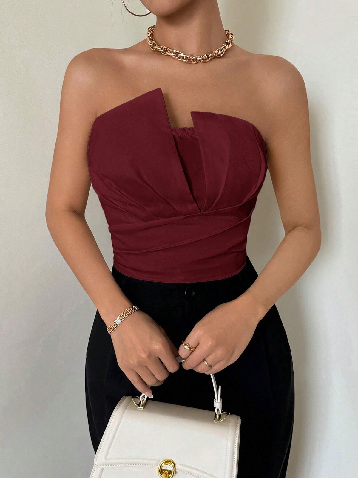 Women's Asymmetrical Pleated Strapless Bodysuit, Elegant For Casual Wear, Holiday, Wedding, Dating, Music Festivals, Summer