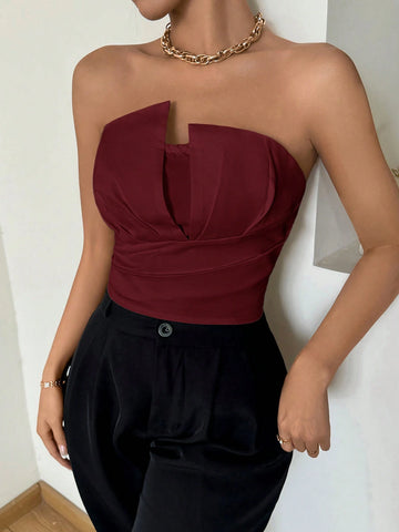 Women's Asymmetrical Pleated Strapless Bodysuit, Elegant For Casual Wear, Holiday, Wedding, Dating, Music Festivals, Summer